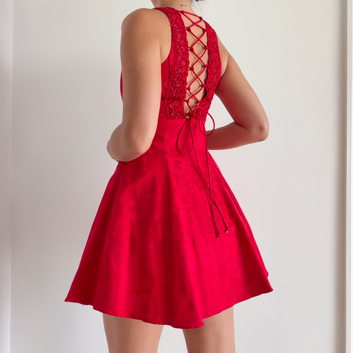 80's Red Brocade Lace Up Cocktail Dress / SZ S
