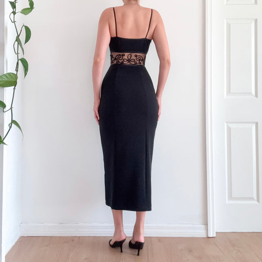 90's Black Embroidered Cutout Evening Dress / SZ S