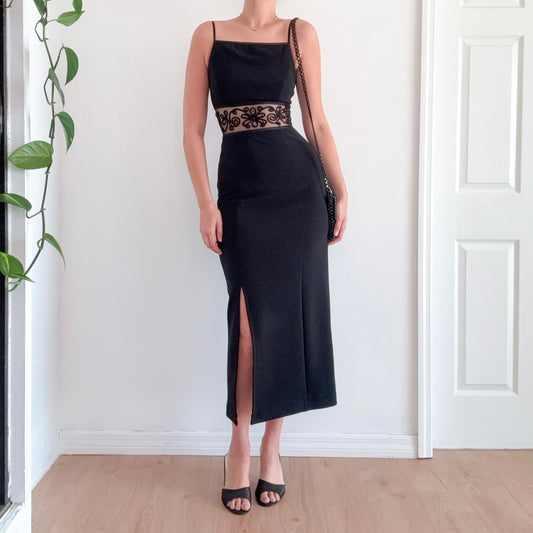 90's Black Embroidered Cutout Evening Dress / SZ S