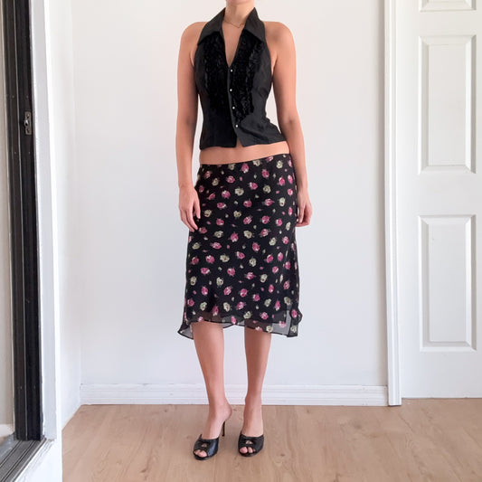 Y2K Black & Pink Rose Midi Skirt / SZ M-L