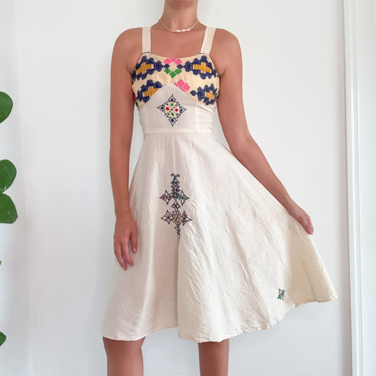 70's Cream Multicolor Linen Embroidered Dress / SZ S