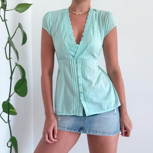 Y2K Aqua Cotton Embroidered Blouse / SZ M/L