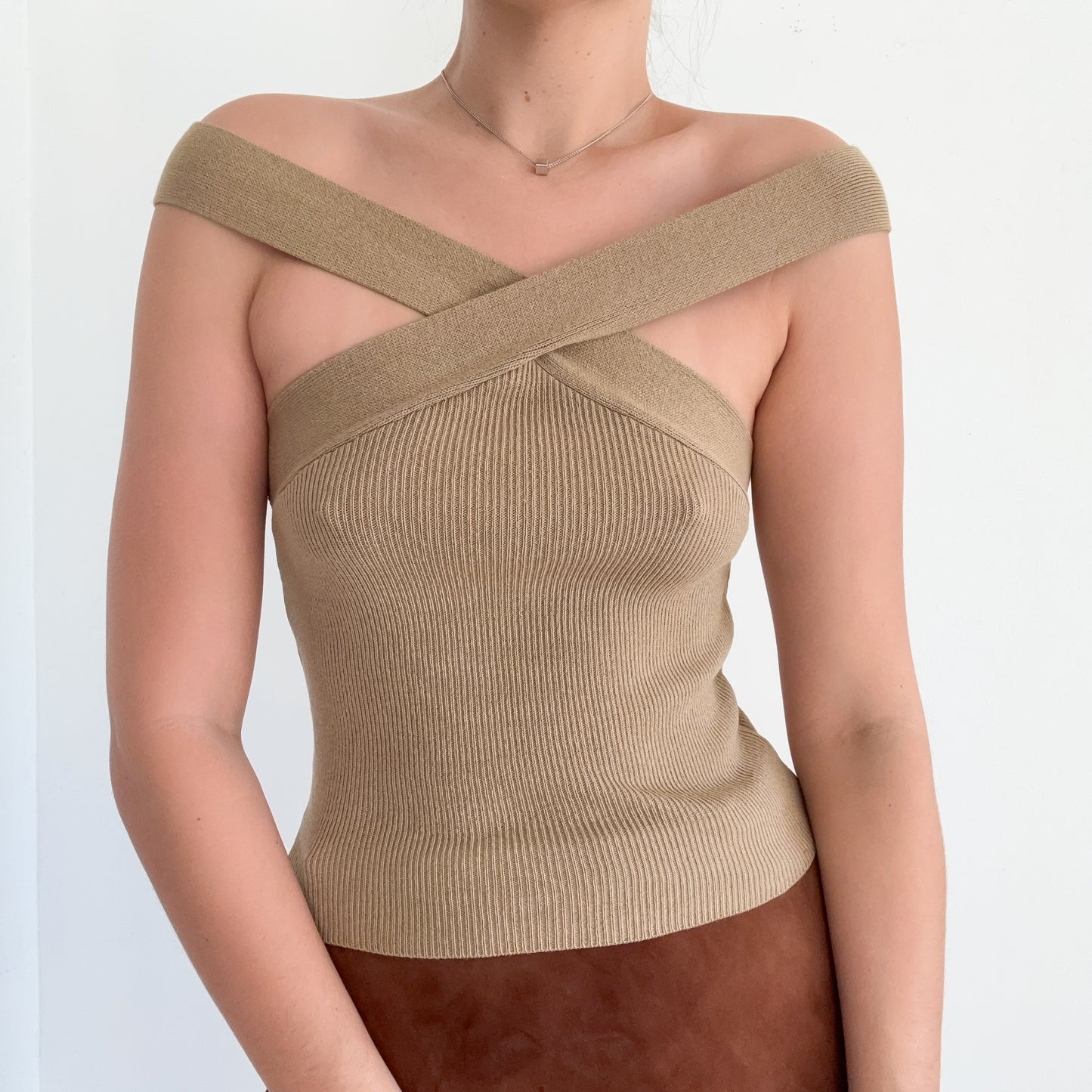 Light Brown Knit Criss Cross Top / SZ S-M