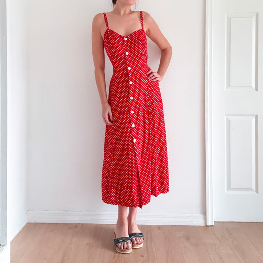 90's Italian Red Polka Dot Button Midi Dress / SZ M