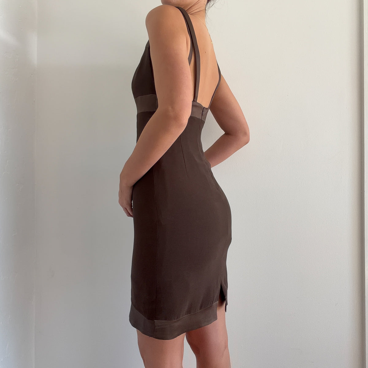 90's Brown Satin Trim Dress / SZ 4