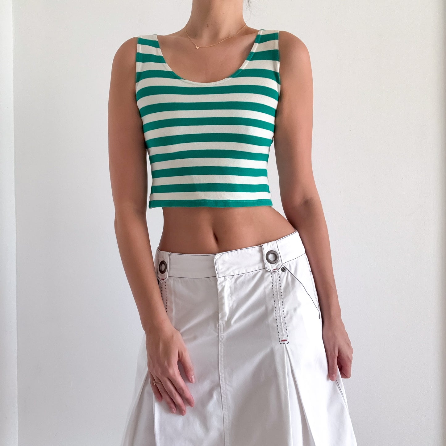 80's Green & Ivory Striped Crop Top / SZ M