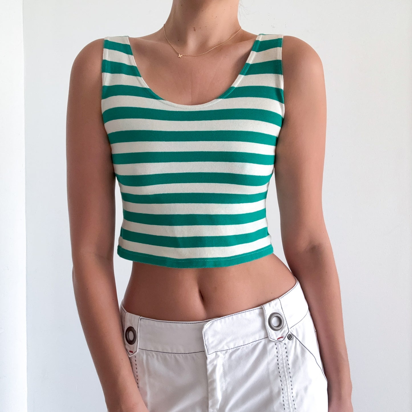 80's Green & Ivory Striped Crop Top / SZ M