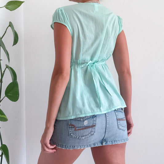 Y2K Aqua Cotton Embroidered Blouse / SZ M/L