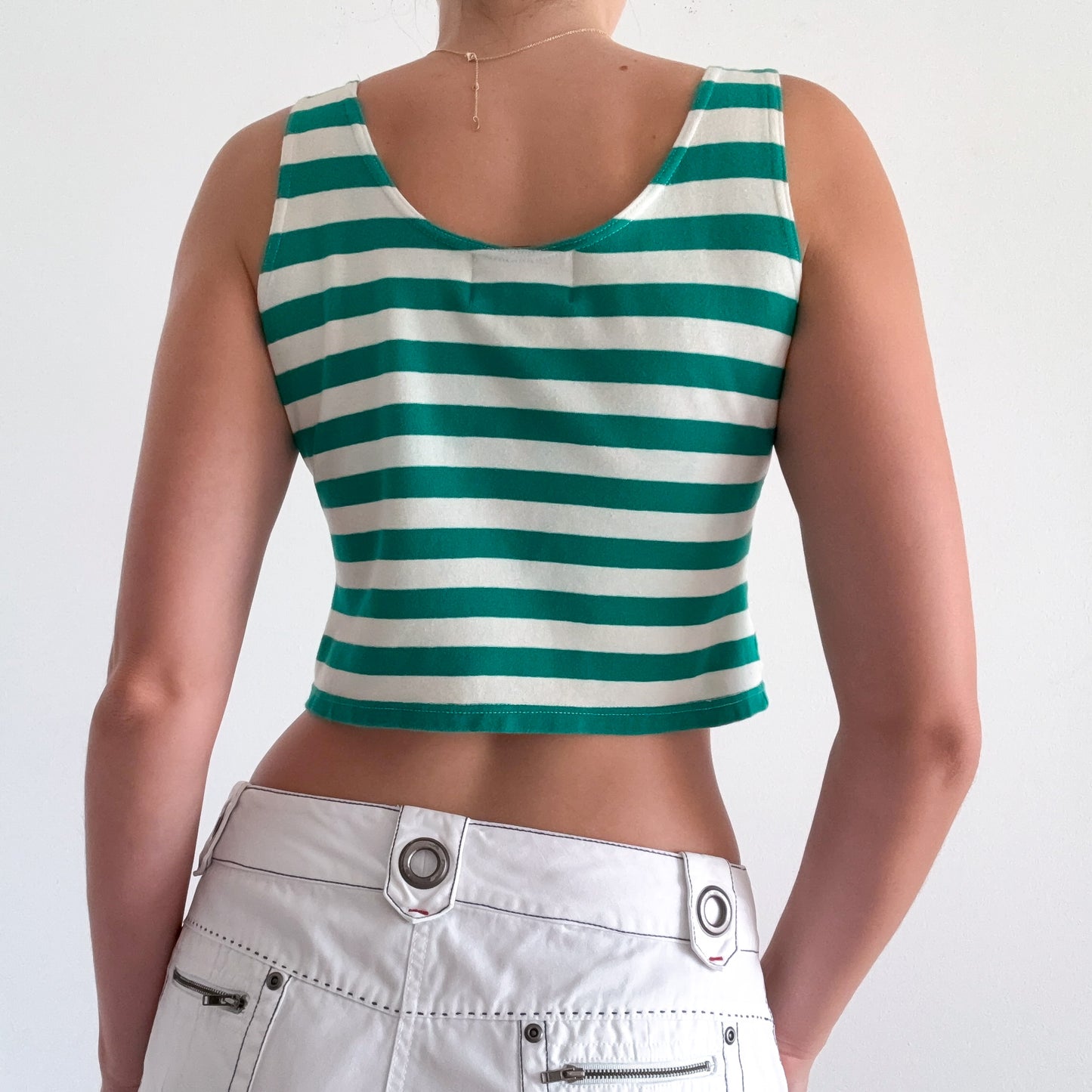 80's Green & Ivory Striped Crop Top / SZ M
