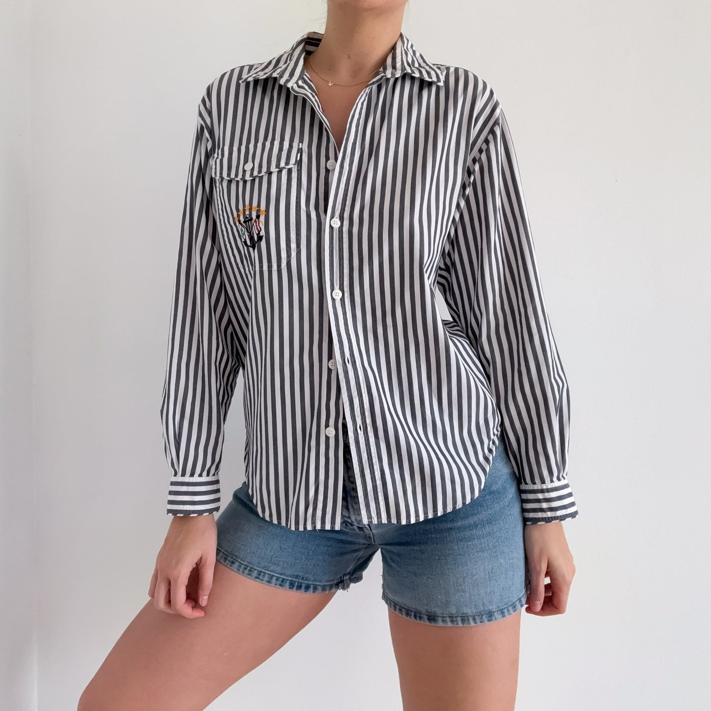 90's Chambray Blue Striped Cotton Blouse / SZ L