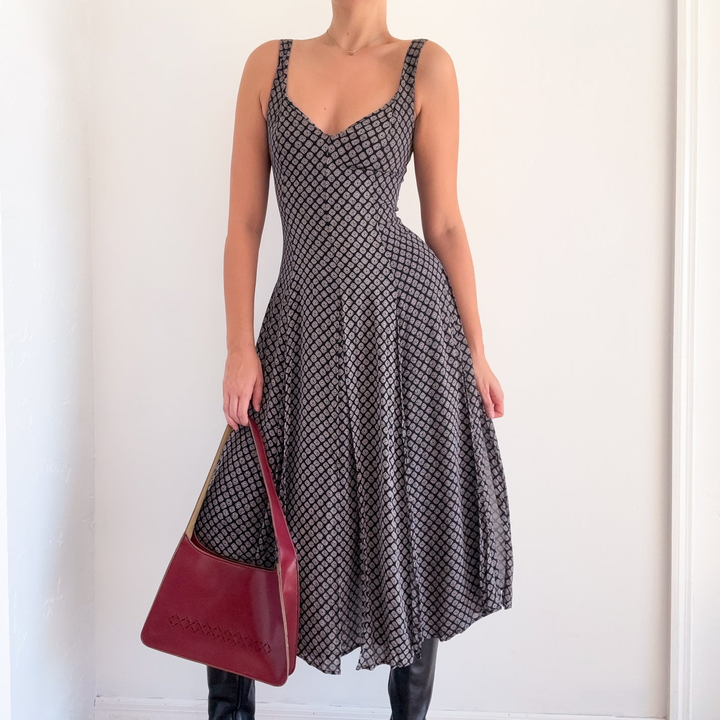 90's Navy Printed Rayon Carwash Midi Dress / SZ S