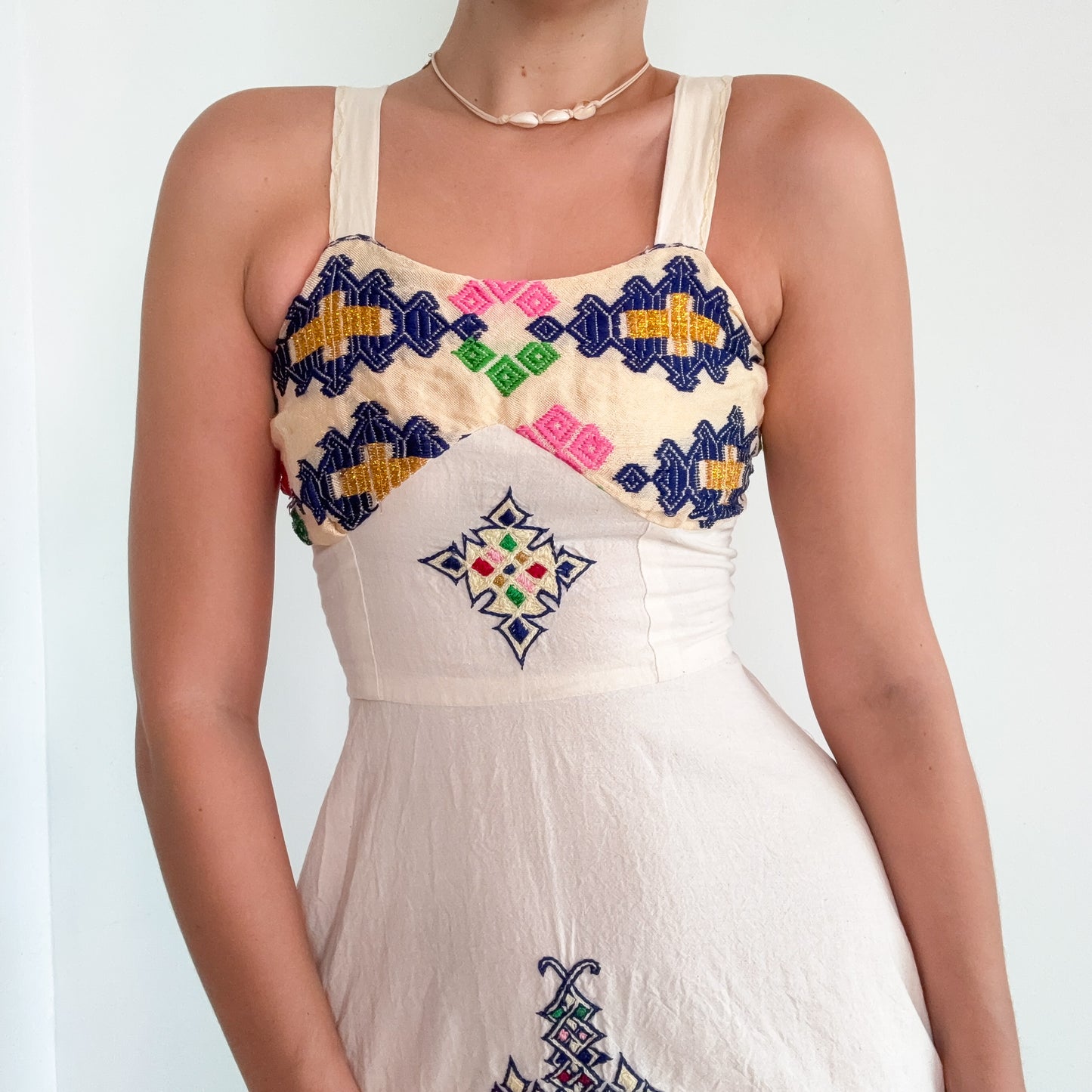 70's Cream Multicolor Linen Embroidered Dress / SZ S