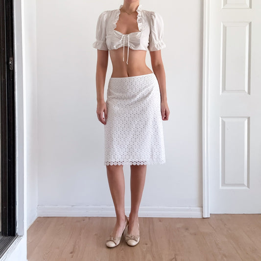 Y2K White Cotton Lace Midi Skirt / SZ M