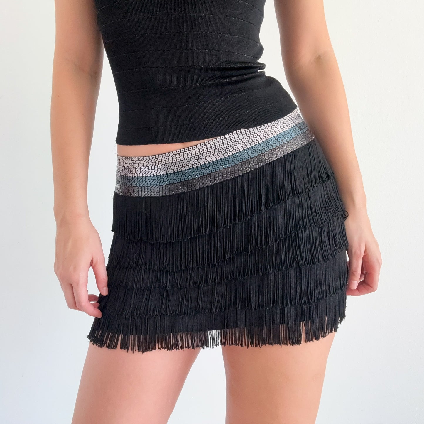 Y2K Black Sequin Fringe Mini Skirt / SZ M
