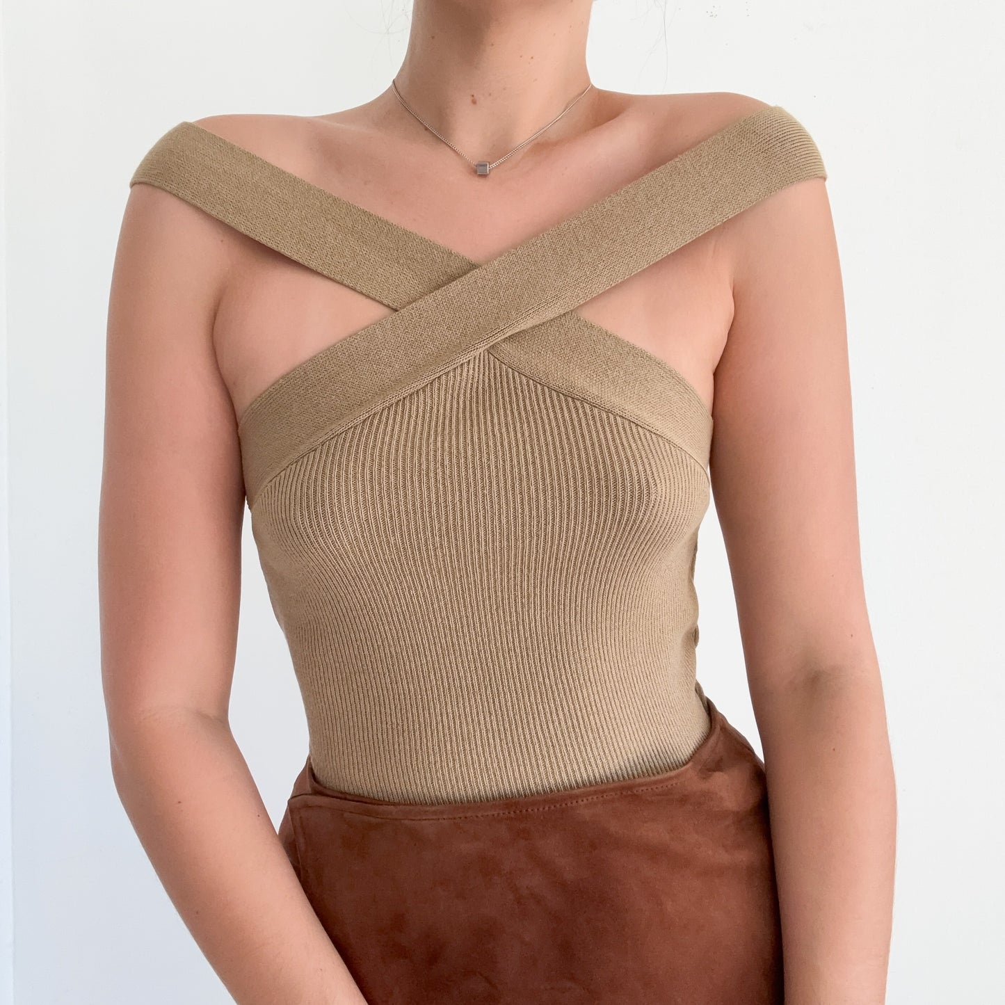 Light Brown Knit Criss Cross Top / SZ S-M