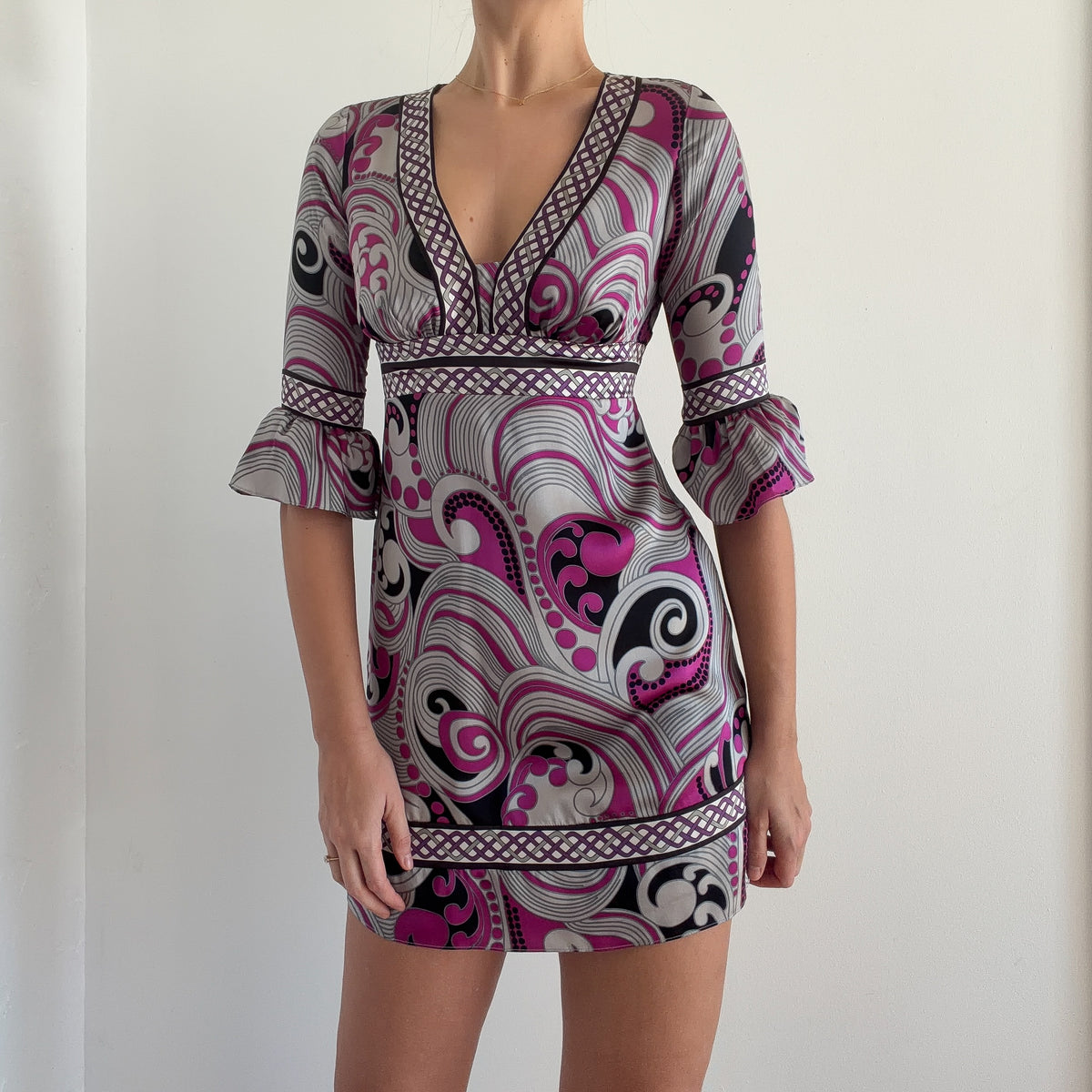 Y2K Purple & Grey Groovy Silk Dress / SZ XS