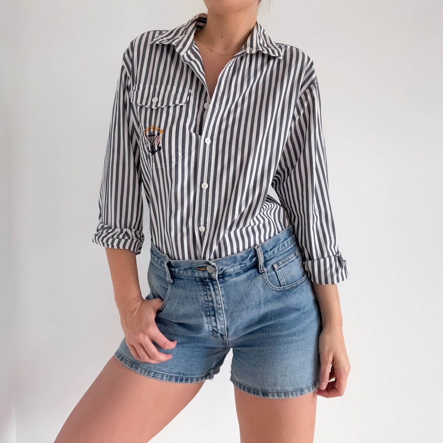 90's Chambray Blue Striped Cotton Blouse / SZ L