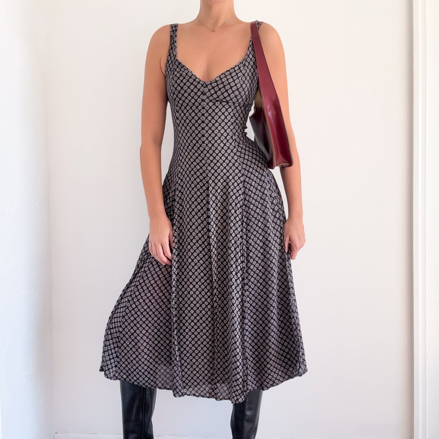 90's Navy Printed Rayon Carwash Midi Dress / SZ S