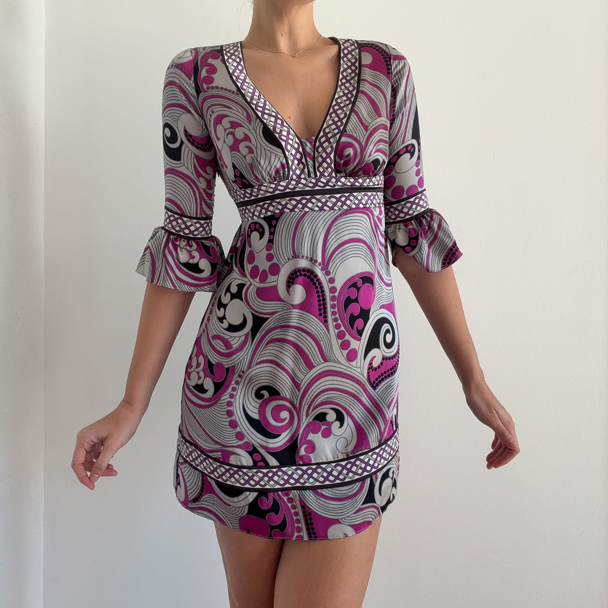 Y2K Purple & Grey Groovy Silk Dress / SZ XS