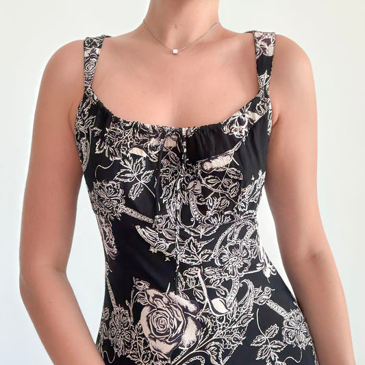 Y2K Black & Ivory Floral Rayon Midi Dress / SZ S