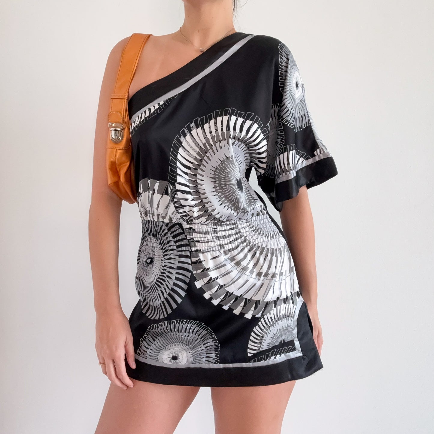 Y2K Black & Grey Printed One Shoulder Dress / SZ M