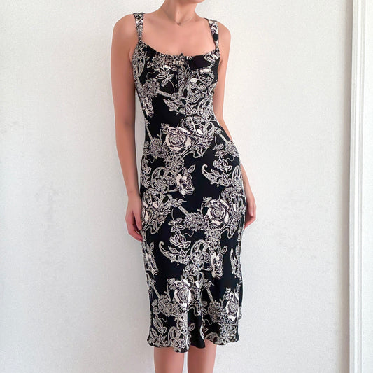 Y2K Black & Ivory Floral Rayon Midi Dress / SZ S