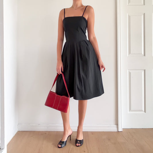 90's Black Drop Waist Nylon Midi Dress / SZ S