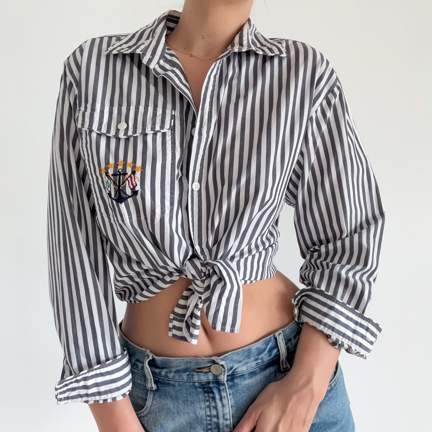 90's Chambray Blue Striped Cotton Blouse / SZ L