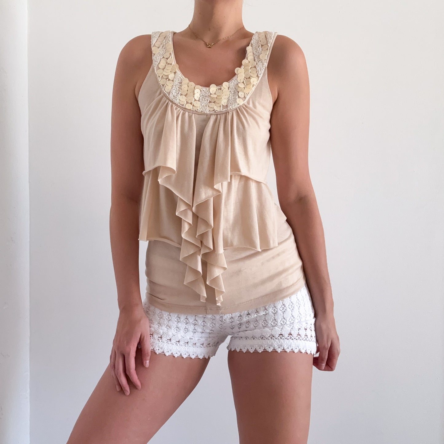Y2K Cream Sequin Ruffle Top / SZ S
