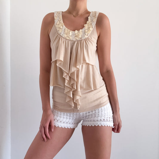 Y2K Cream Sequin Ruffle Top / SZ S