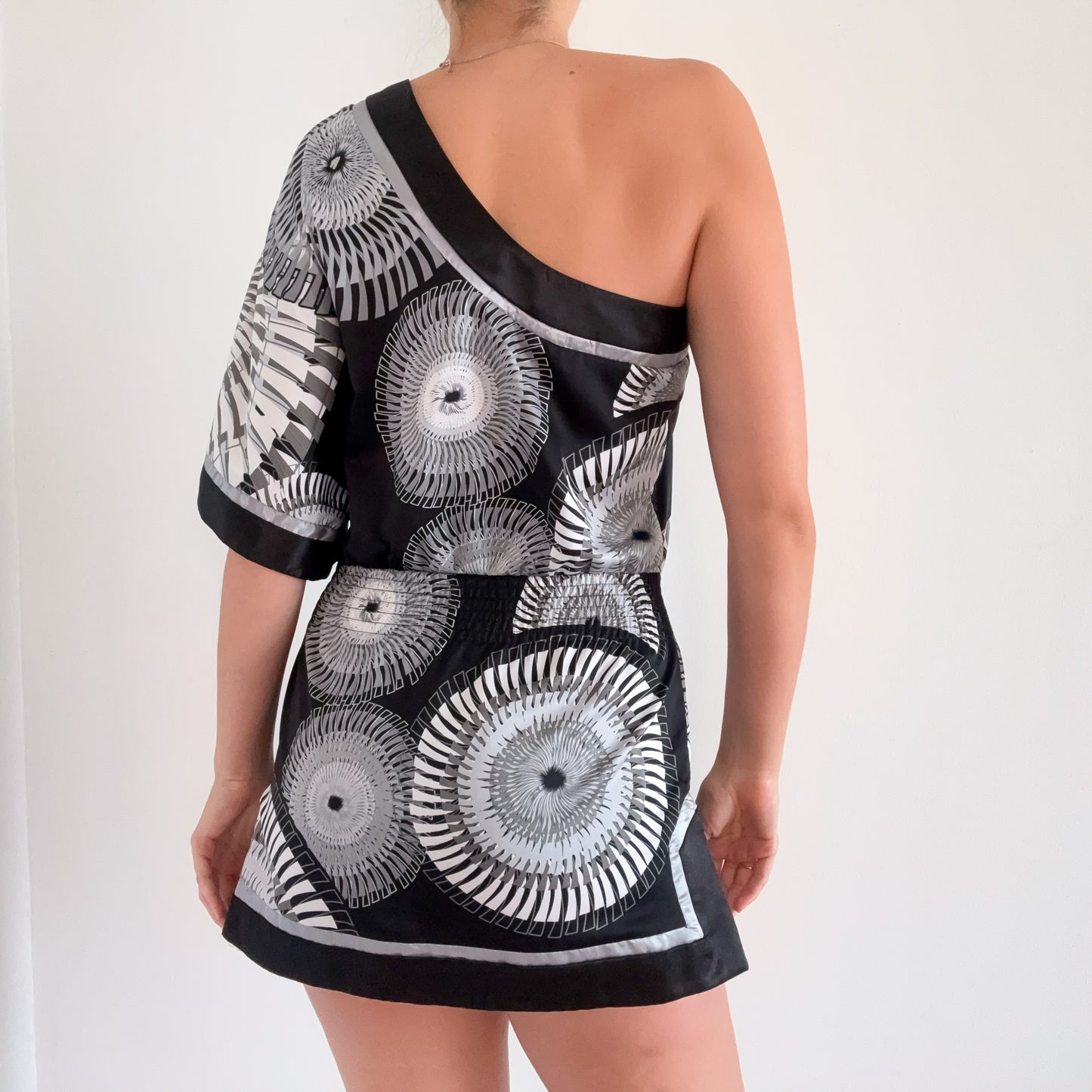 Y2K Black & Grey Printed One Shoulder Dress / SZ M