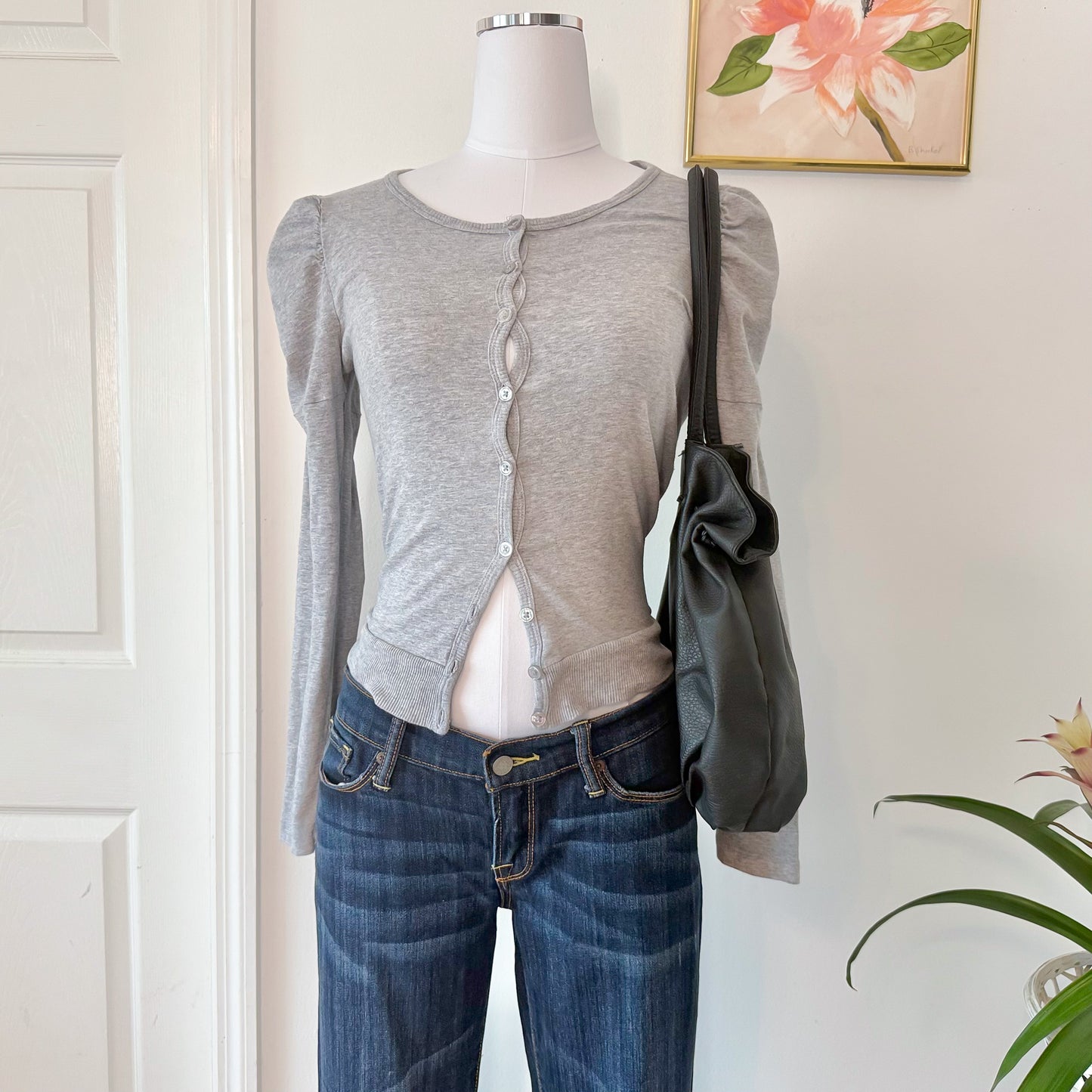 Y2K Grey Cotton Puff Sleeve Cardigan / SZ S/M