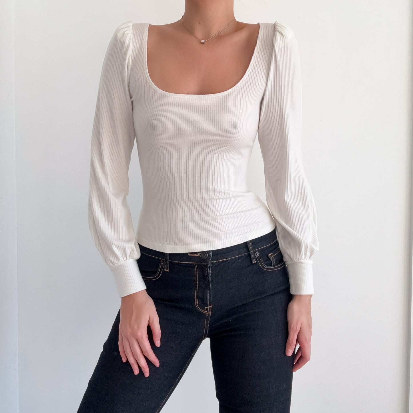 Reformation White Ribbed Balloon Sleeve Top / SZ M