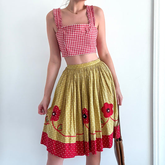 70's Yellow & Red Flower Midi Skirt / SZ 2