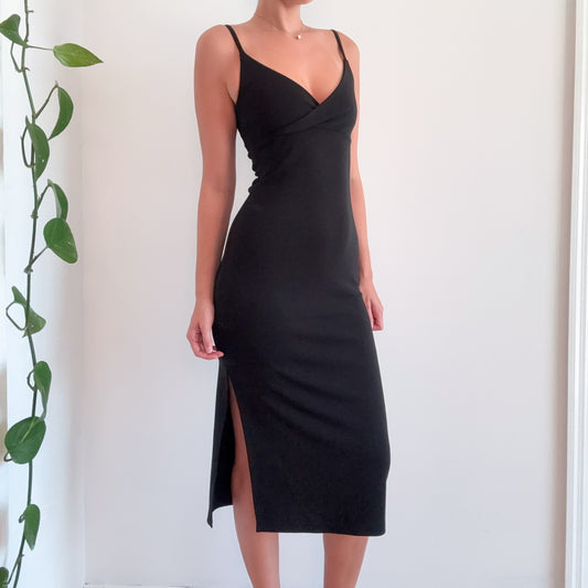 Y2K Black Slinky Slit Midi Dress / SZ XS-S