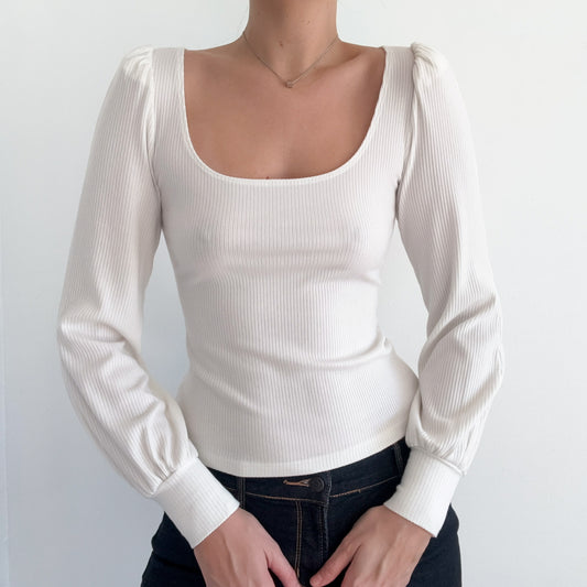Reformation White Ribbed Balloon Sleeve Top / SZ M