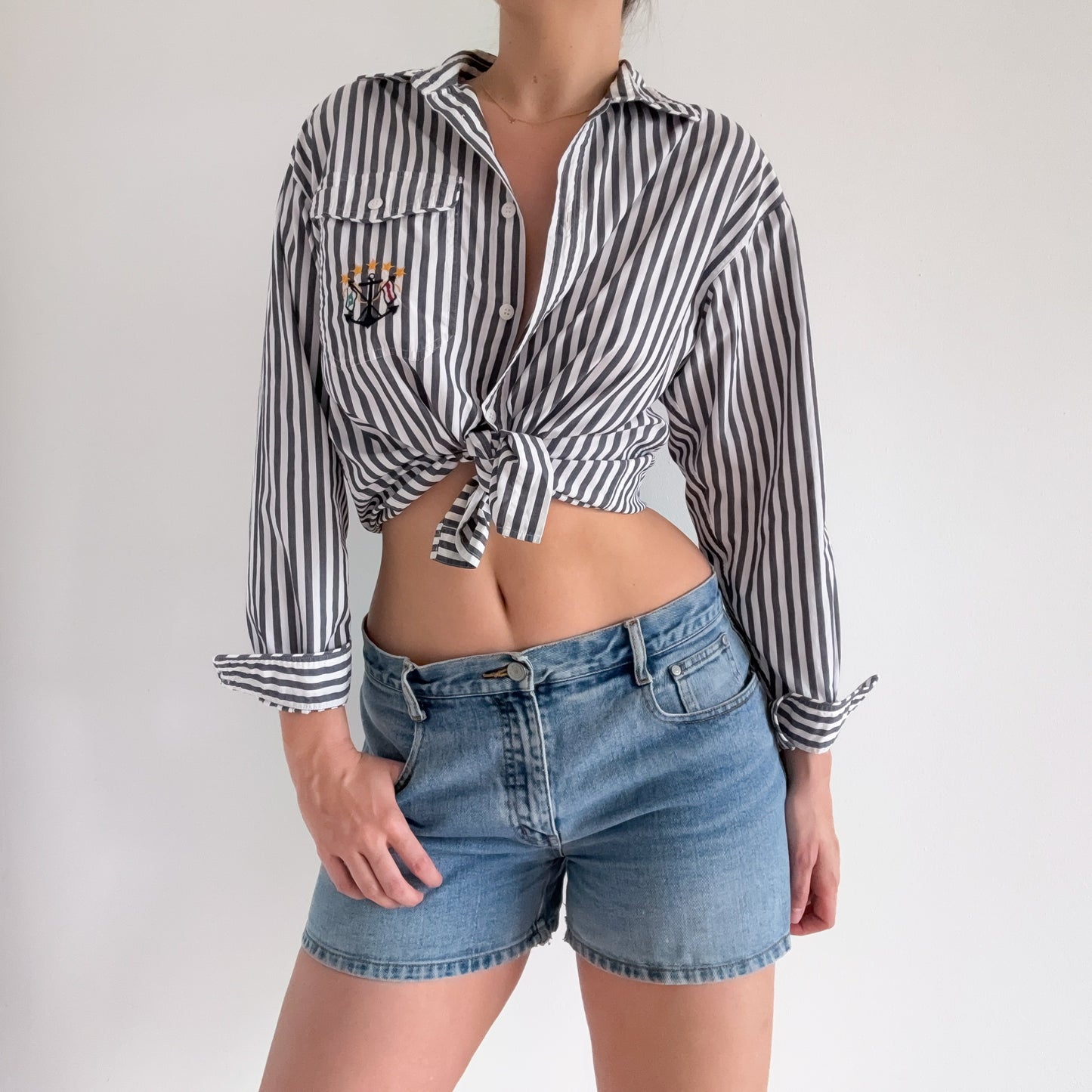 90's Chambray Blue Striped Cotton Blouse / SZ L