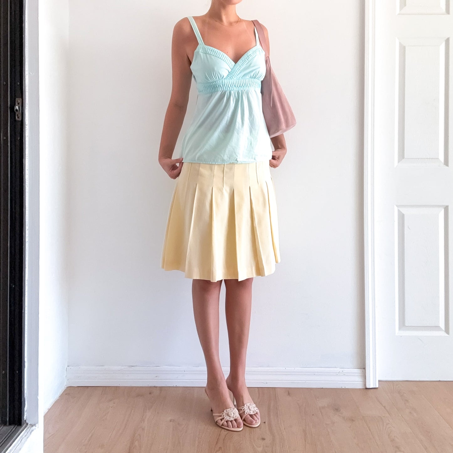 Y2K Pale Yellow Cotton Pleated Midi Skirt / SZ 2-6