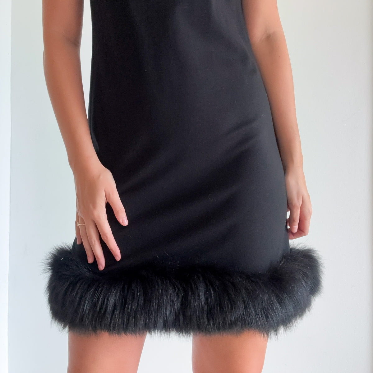 Y2K Black Fox Fur Shift Dress / SZ M