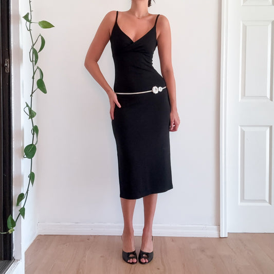 Y2K Black Slinky Slit Midi Dress / SZ XS-S