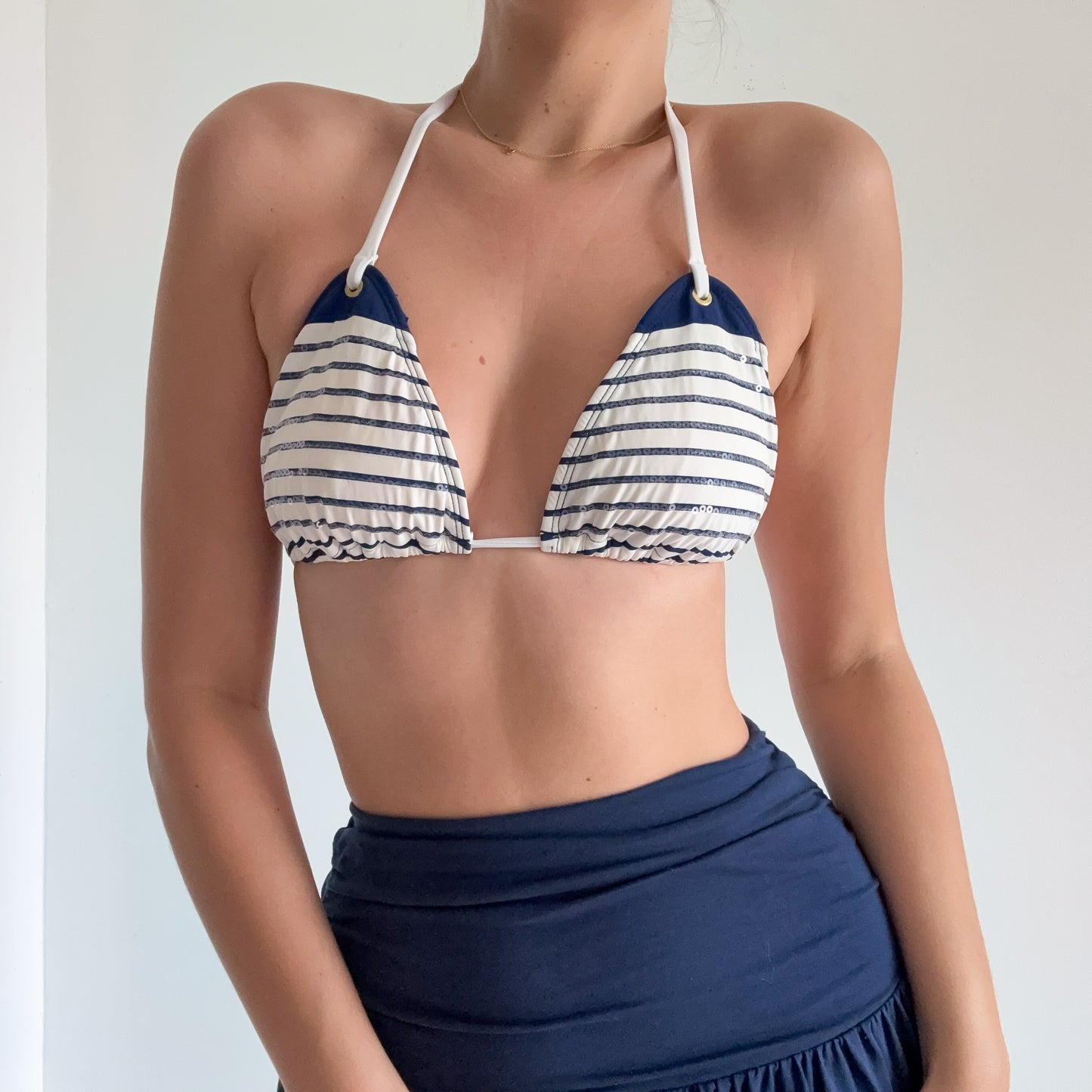 Y2K Navy & White Nautical Bikini Top / SZ M