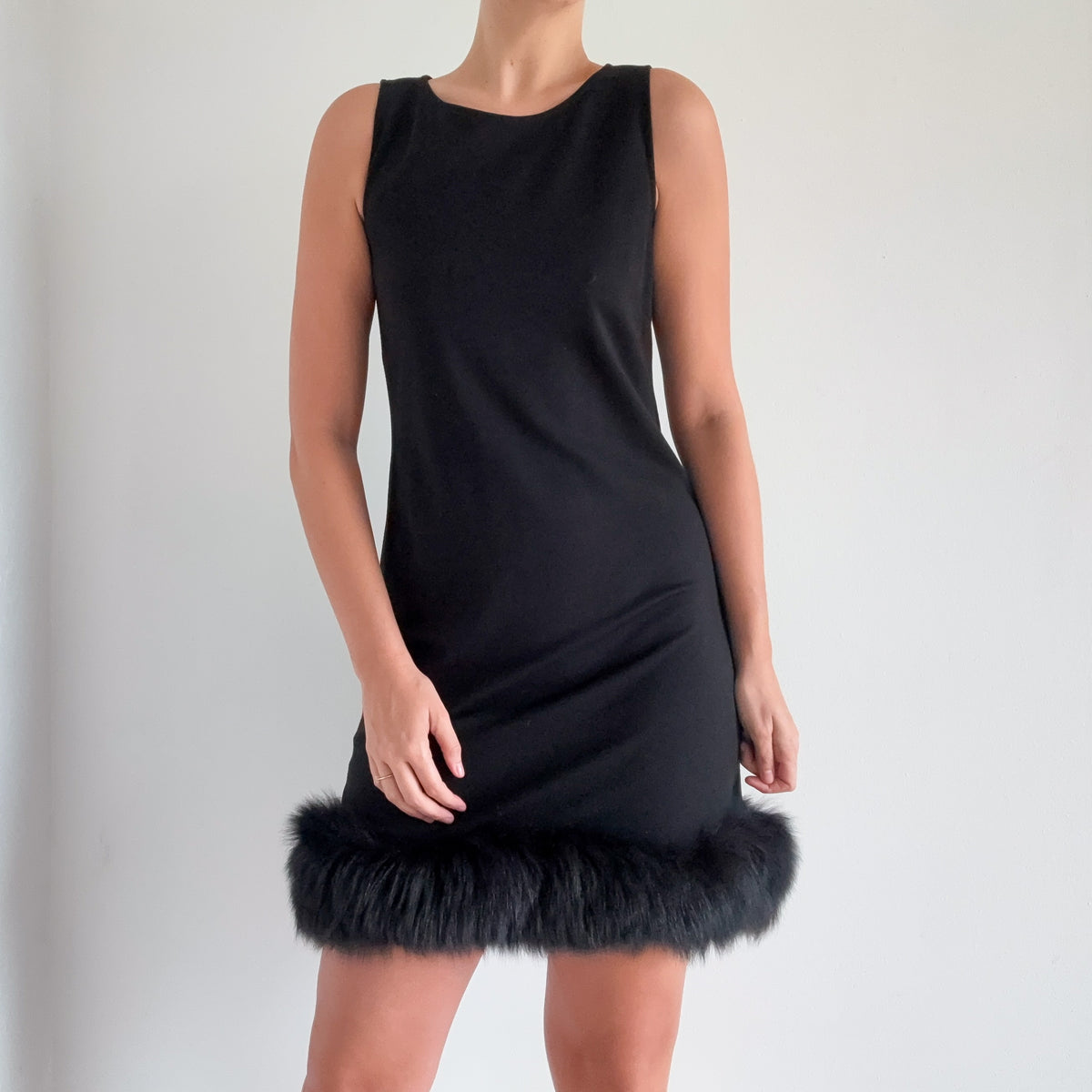 Y2K Black Fox Fur Shift Dress / SZ M