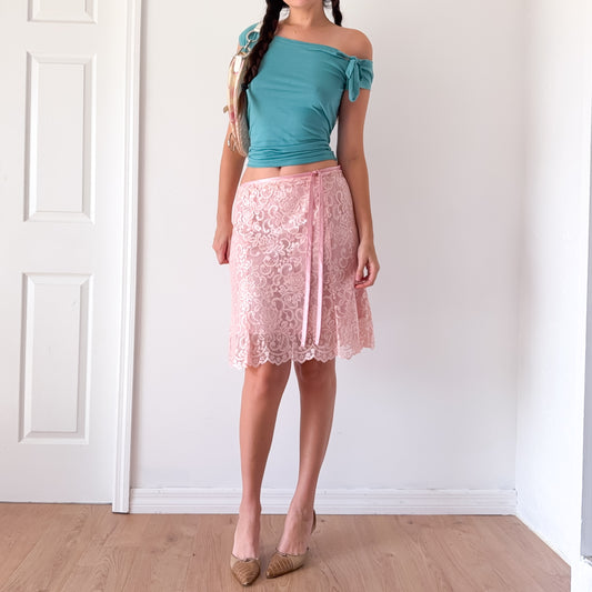 Y2K Baby Pink Lace Tie Midi Skirt / SZ S