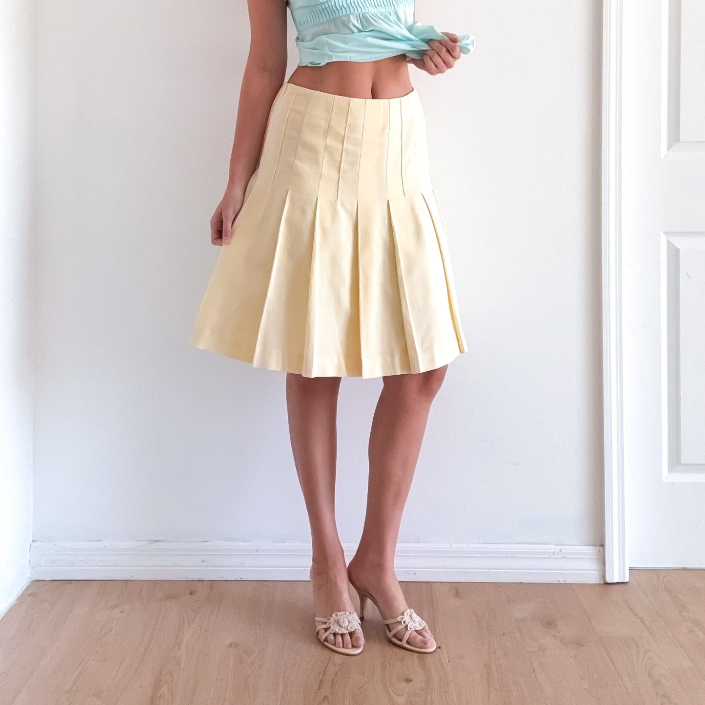 Y2K Pale Yellow Cotton Pleated Midi Skirt / SZ 2-6