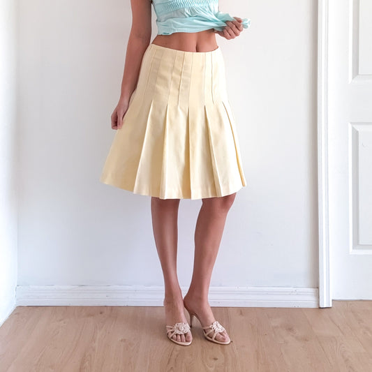Y2K Pale Yellow Cotton Pleated Midi Skirt / SZ 2-6