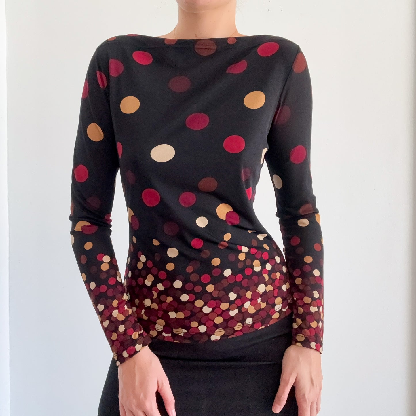 Y2K Black & Maroon Dot Mesh Long Sleeve / SZ M
