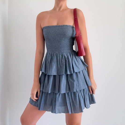 2010's Blue Chambray Ruffle Tube Dress / SZ S