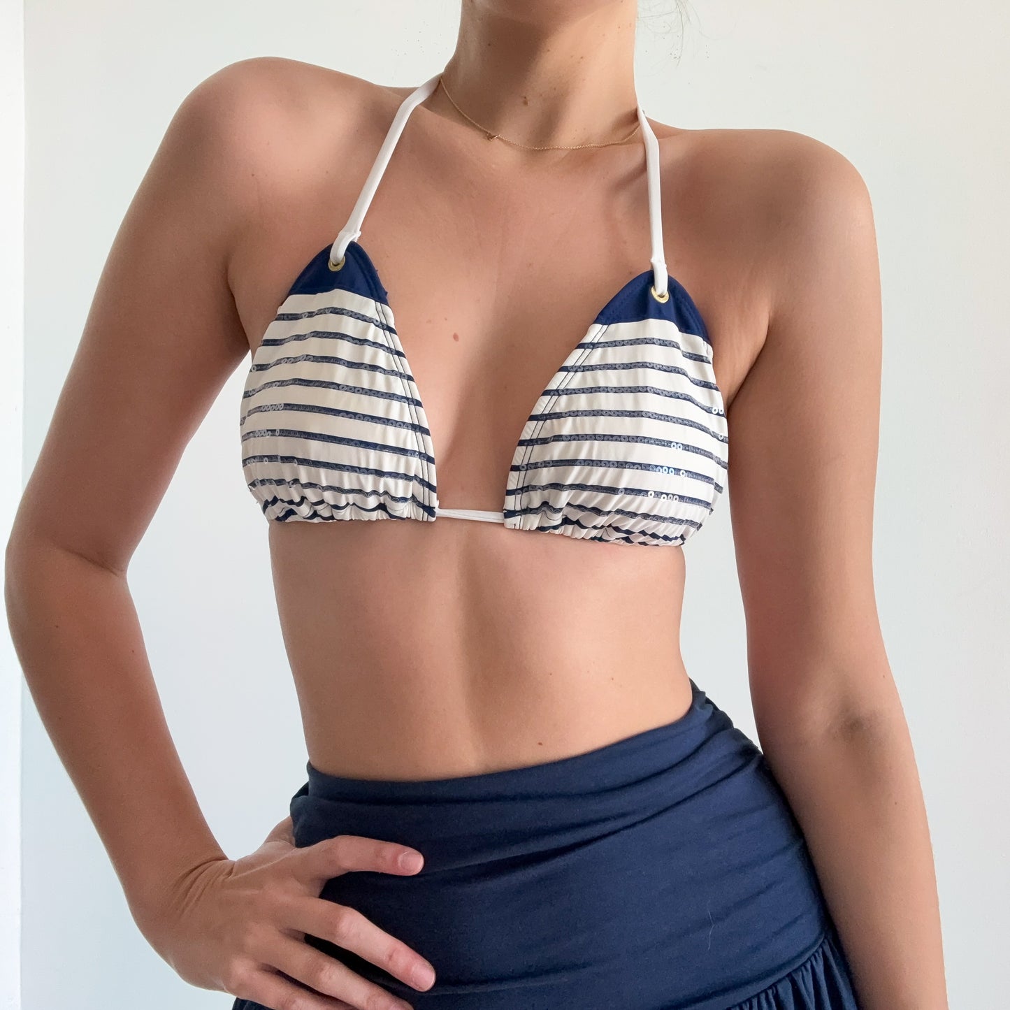 Y2K Navy & White Nautical Bikini Top / SZ M