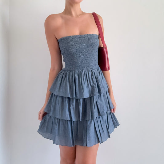 2010's Blue Chambray Ruffle Tube Dress / SZ S