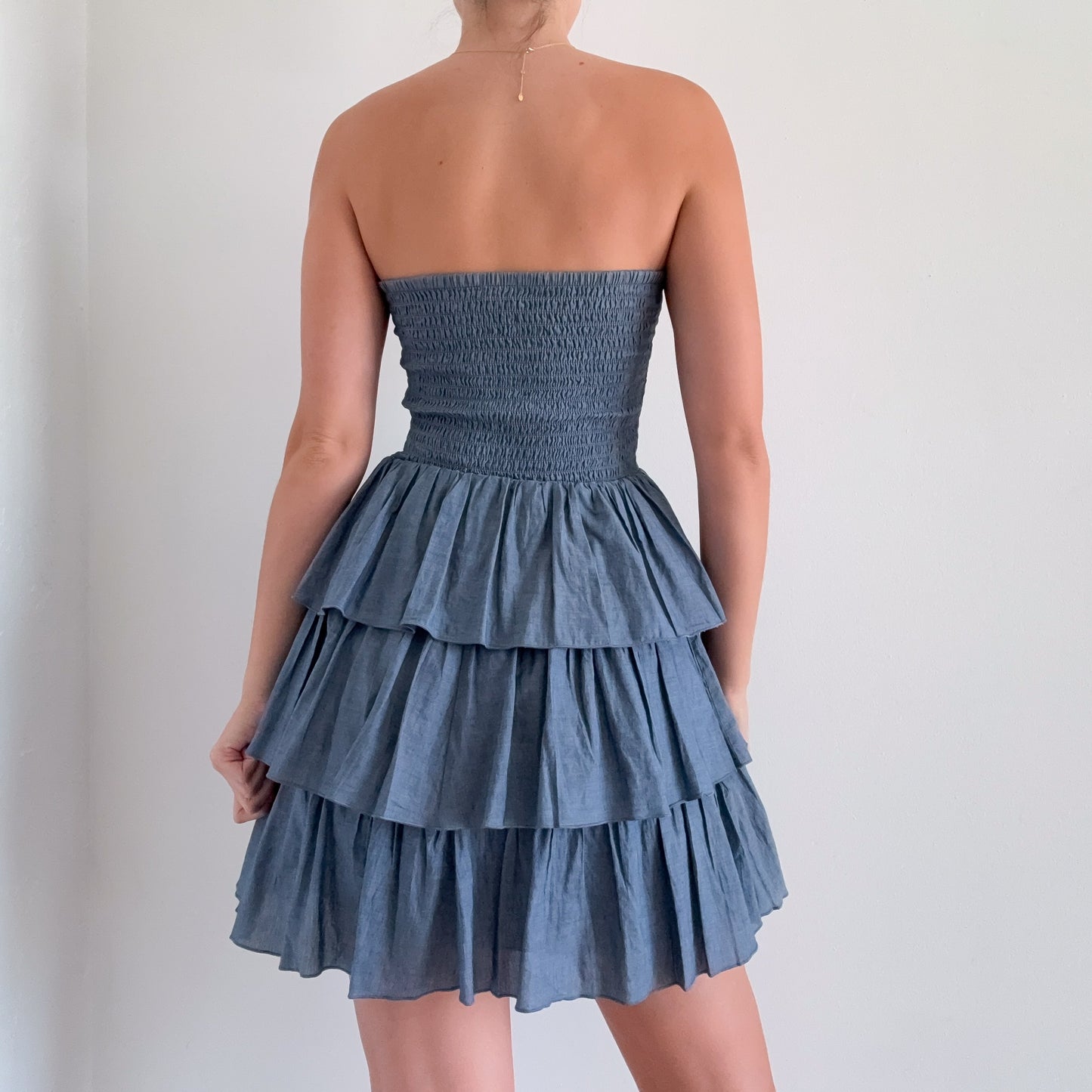 2010's Blue Chambray Ruffle Tube Dress / SZ S